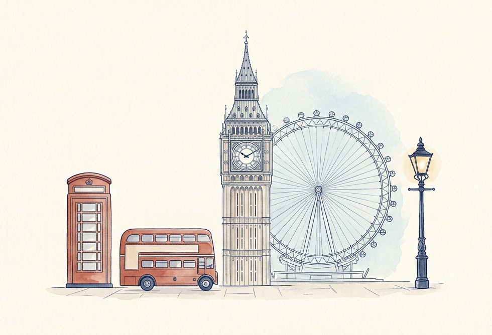 Лондонські мотиви школи ABC: телефонна будка, автобус, Біг-Бен і London Eye